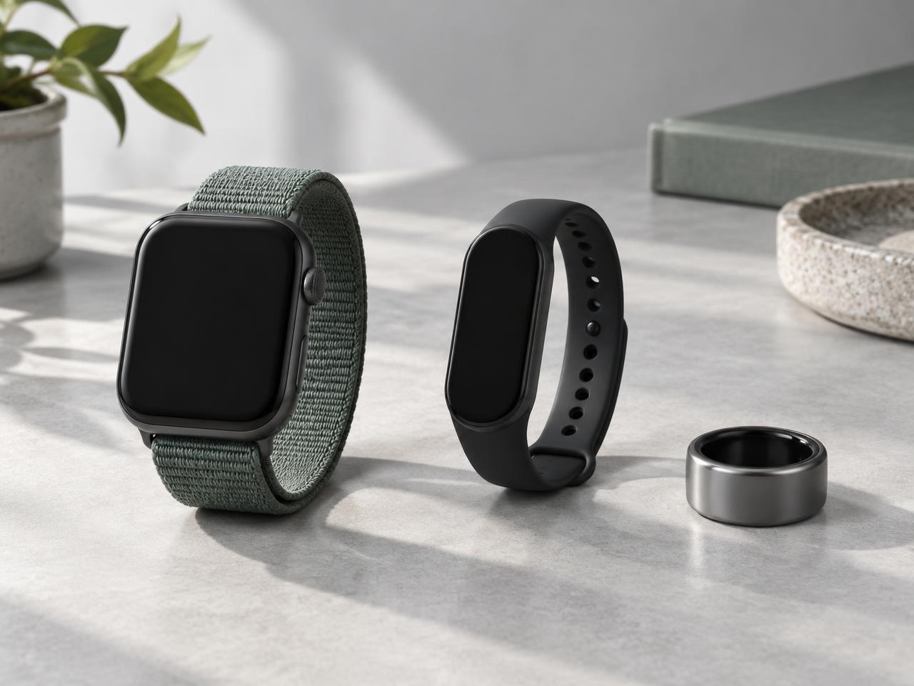 A smartwatch, fitness band, and smart ring on a table